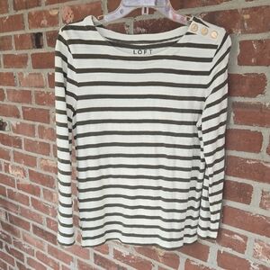 LOFT Olive and Soft White Striped Button Shoulder Top